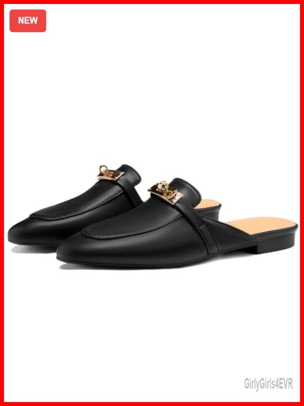 Almond Toe Slip-On Mules with Gold Buckle - Memory Foam Comfort Backless Loafers
